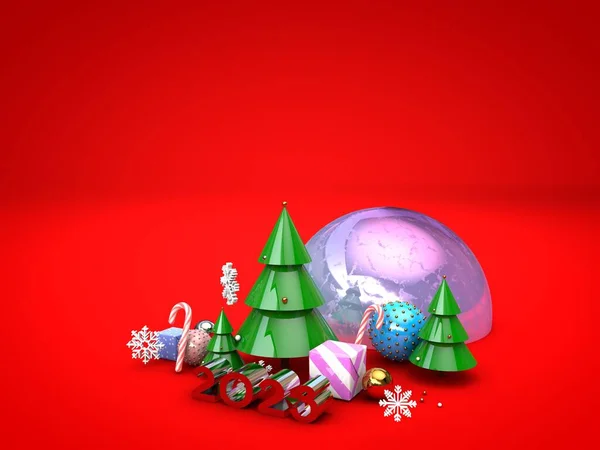 ギフトボックス 松の木 カラフルなボール 赤い背景に白い雪の結晶と美しい冬の背景 2023年の3Dレンダリングとクリスマスコンセプト — ストック写真