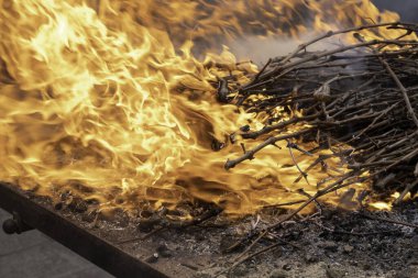 Izgarada pişirmek için yanmış odunun ayrıntıları.