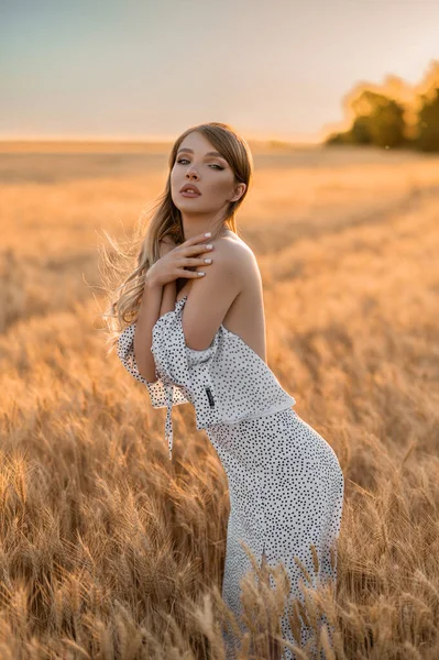 Chica Ucraniana Bonita Paño Blanco Campo Trigo —  Fotos de Stock
