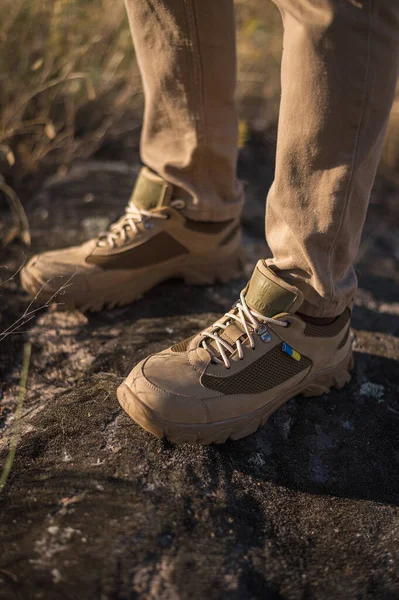 Sapatos Trekking Com Bandeira Ucraniana Calçado Militar Sapatilhas Para Terreno — Fotografia de Stock