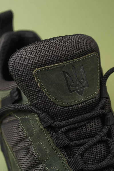 Yeşil Arka Planda Askeri Spor Ayakkabılar Haki Askeri Ayakkabılar — Stok fotoğraf