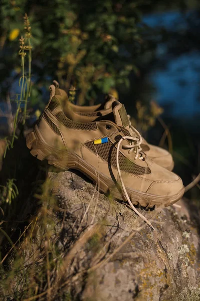 Sapatos Trekking Com Bandeira Ucraniana Calçado Militar Sapatilhas Para Terreno — Fotografia de Stock