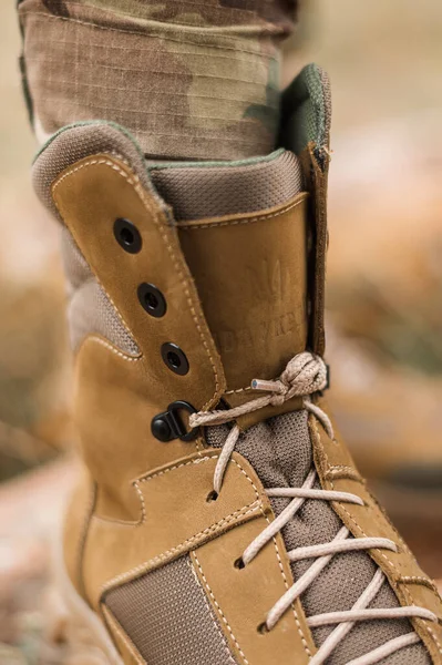 Militar Zapatillas Cuero Caqui Con Cordones Imagen de archivo