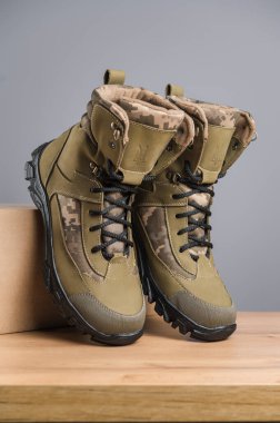 Gri arka planda haki rengi yüksek askeri botlar.