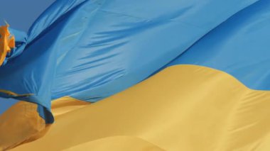 Ukrayna bayrağının yaklaşan görüntüsü meltemde görkemli bir şekilde dalgalanıyor, canlı ve cesur renklerini sergiliyor.