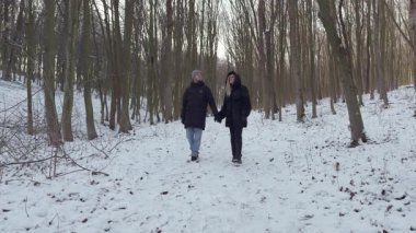 Uzun ağaçlarla çevrili sakin, karla kaplı bir orman yolunda rahatça yürüyen bir çift birey.