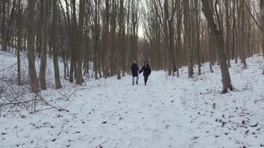 Uzun ağaçlarla çevrili sakin, karla kaplı bir orman yolunda rahatça yürüyen bir çift birey.