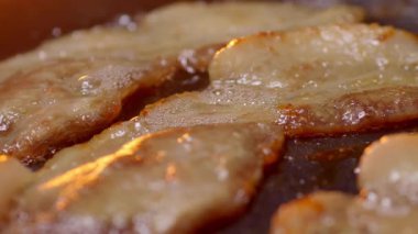 Lezzetli bir şekilde kızartılmış et dilimleri sıcak cızırdayan yağda, güzel bir şekilde sergilenen altın kıtır dokular.
