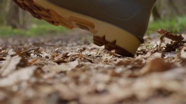 Sağlam ve dayanıklı bir yürüyüş botu, güzel manzaralı bir orman bölgesinde yapraklardan oluşan zengin bir yatağın üzerinden dikkatle geçiyor.