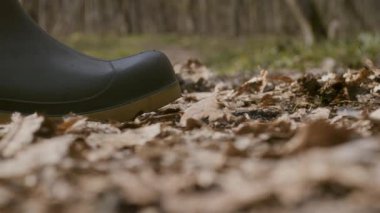 Büyüleyici sonbahar boyunca yapraklı bir orman patikasında dinlenen şık ve şık botların güzel bir yakın çekimi.