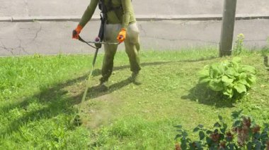 Çalışkan bir birey, güneşli bir açık havada verimli bir çimenliği ustalıkla budar ve yarda görünümünü güçlendirir.