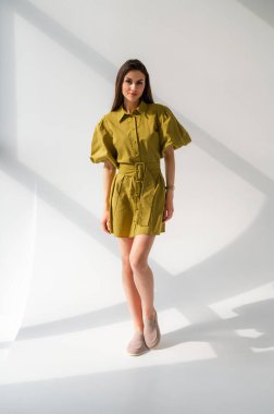 Zarif, yeşil bir elbise giymiş bir kadın şık bir odada sıradan bir şekilde duvara yaslanıyor ve çarpıcı bir görüntü yaratıyor.