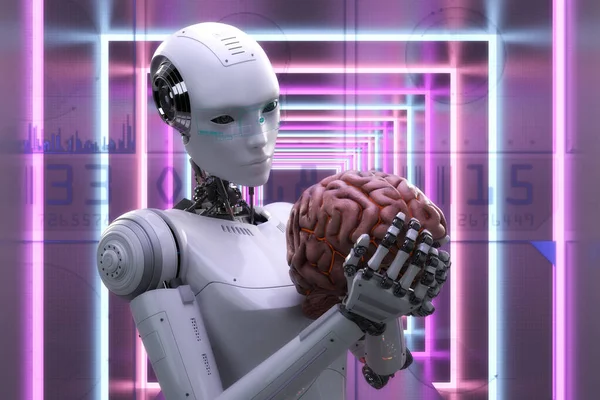具有人工智能的机器人的艺术化3D图解 — 图库照片