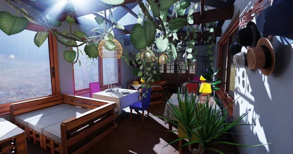 Realista Renderizado Interior Del Restaurante — Foto de Stock