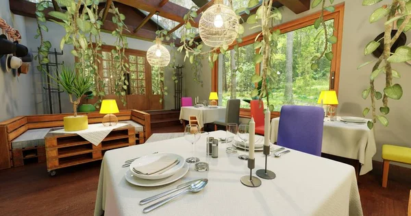 Realista Renderizado Interior Del Restaurante — Foto de Stock