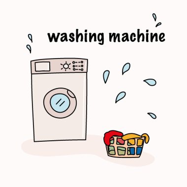 Çamaşır sepetli çamaşır makinesi. Vektör illüstrasyonu