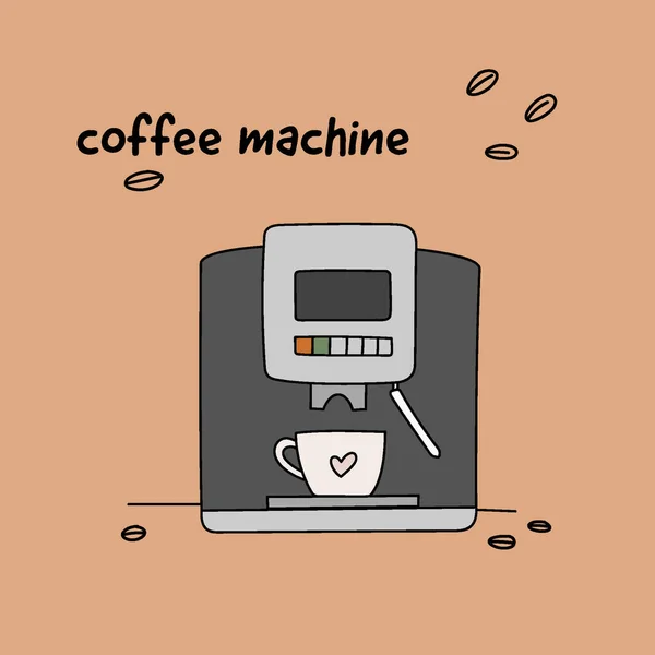 Niedliche Kunst Einer Kaffeemaschine Mit Einer Tasse Kaffee Vektorillustration — Stockvektor
