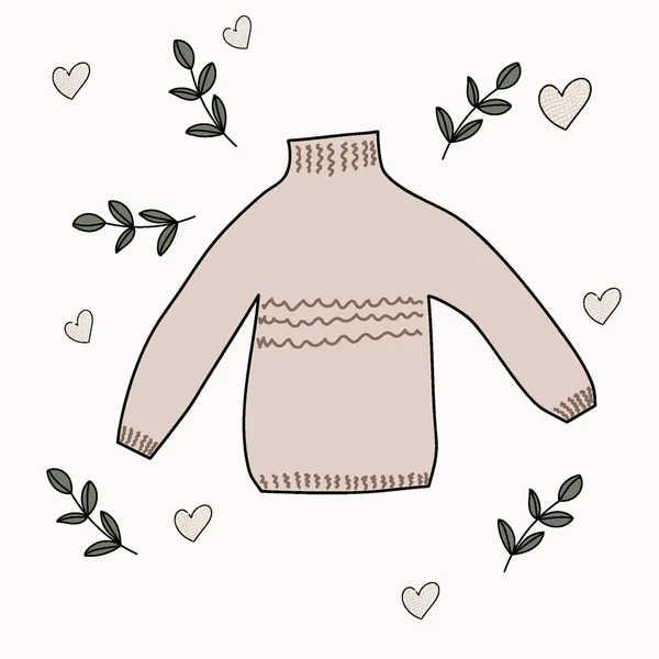 可爱的温暖毛衣之间的小树枝和心脏 矢量说明 — 图库矢量图片