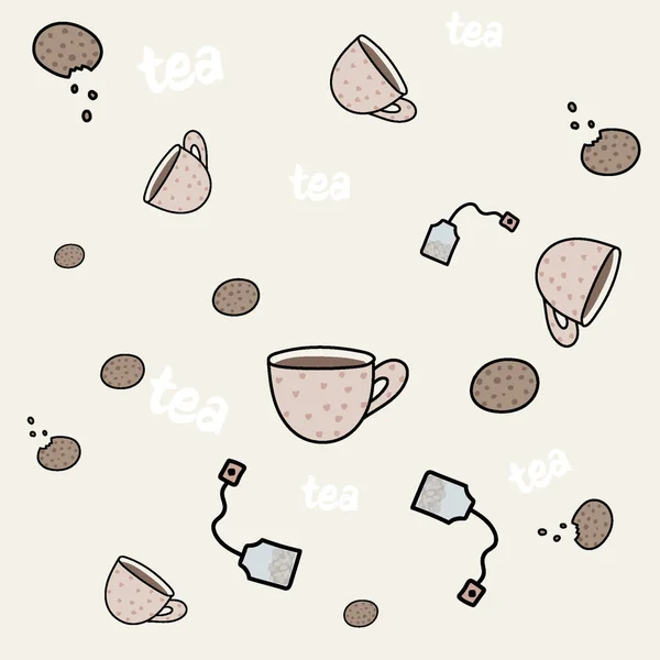 Motif Sans Couture Avec Tasse Thé Biscuits Sachet Thé Illustration — Image vectorielle