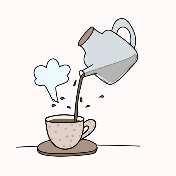 Çaydanlıktan bir fincana çay dökmek. Vektör illüstrasyonu