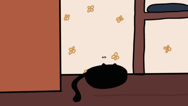 Μια Μαύρη Γάτα Κάθεται Στο Σπίτι Πάει Για Ύπνο Και — Αρχείο Βίντεο