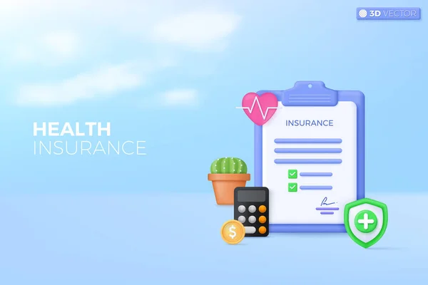 剪贴板上的健康保险单图标符号 健康保险 保证业务 金融和医疗服务概念 3D矢量隔离插图 卡通画片最小风格 — 图库矢量图片