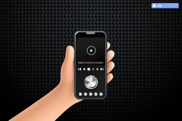 携帯電話のビデオ メディア制御ボタン インターフェイス シンボルを握る3D手 お金を稼ぐためのオンラインプレイ ライブストリーミングとVoogコンセプト 3Dベクターによって隔離されるイラスト 漫画のパステル ミニマル スタイル — ストックベクタ
