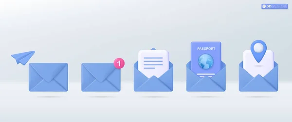 Símbolo Conjunto Ícones Envelope Correio Azul Renderizar Notificação Por Mail — Vetor de Stock