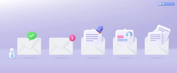Símbolo Conjunto Ícones Envelope Correio Branco Renderizar Notificação Mail Com — Vetor de Stock