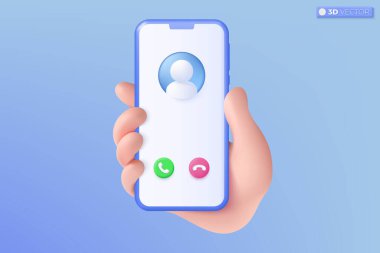 3D gerçekçi el ve cep telefonu simgesi. Pastel arka planda el ele tutuşan akıllı telefon, ara ya da cevap ver, modern model konsepti. 3B vektör izole edilmiş illüstrasyon, Karikatür Pastel Asgari biçim.