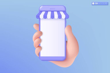 3D çevrimiçi el simgesi alışverişi. Telefon modeli, dijital pazarlama dükkanı, e-ticaret konsepti. 3 boyutlu vektör izole tasarımı. 3B vektör izole edilmiş illüstrasyon, Karikatür Pastel Asgari biçim