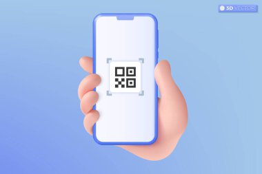 3D cep telefonu, QR kod simgesini tarıyor. Pazarlama promosyonu için özel alışveriş, model. İnternet alışveriş konsepti. 3B vektör izole edilmiş illüstrasyon, Karikatür Pastel Asgari biçim.