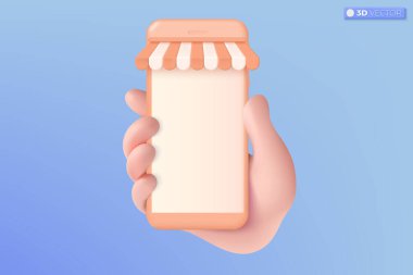 3D çevrimiçi el simgesi alışverişi. Telefon modeli, dijital pazarlama dükkanı, e-ticaret konsepti. 3 boyutlu vektör izole tasarımı. 3B vektör izole edilmiş illüstrasyon, Karikatür Pastel Asgari biçim