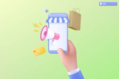 Yıldırım simgesi sembollü 3D megafon hoparlörü. Hoparlör indirimli indirim duyurusu, indirimli fiyatlar, alışveriş zamanı konsepti. 3B vektör izole edilmiş illüstrasyon, Karikatür Pastel Asgari biçim.