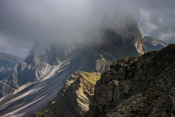 stock image Clouds over mountain massif in Dolomites