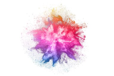 Soyut barut sıçramış arka plan. Beyaz arka planda renkli barut patlaması. Renkli bulut. Renkli toz patlar. Boya Holi.