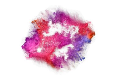 Soyut barut sıçramış arka plan. Beyaz arka planda renkli barut patlaması. Renkli bulut. Renkli toz patlar. Boya Holi.