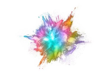 Soyut barut sıçramış arka plan. Beyaz arka planda renkli barut patlaması. Renkli bulut. Renkli toz patlar. Boya Holi.