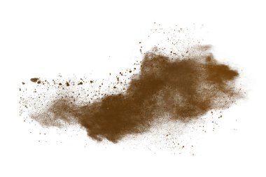 Kahverengi toz patlaması beyaz arkaplanda izole edildi.