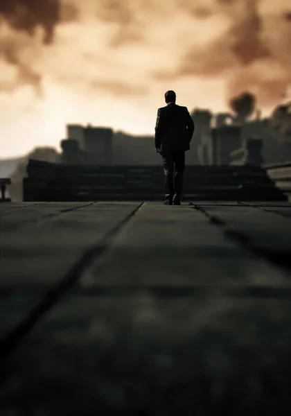 スーツ姿の男は曇った空の下で古代の廃墟を歩く 3Dレンダリング — ストック写真