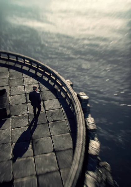 スーツ姿の男が海の近くの古代遺跡を歩いている 角度の高いビュー 3Dレンダリング — ストック写真