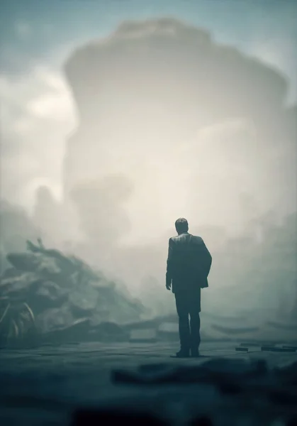 スーツ姿の男が岩だらけの古代の霧の廃墟に立っている 3Dレンダリング — ストック写真