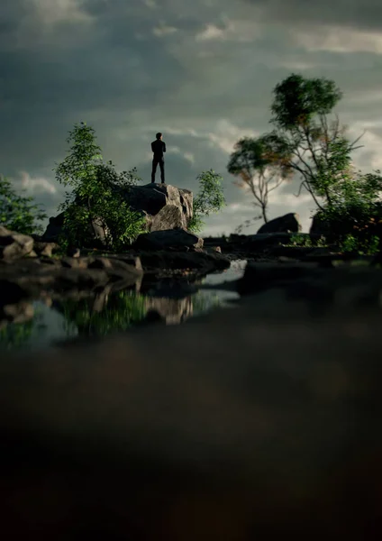 人站在岩石上 在多云的天空下 河边有树木 3D渲染 — 图库照片
