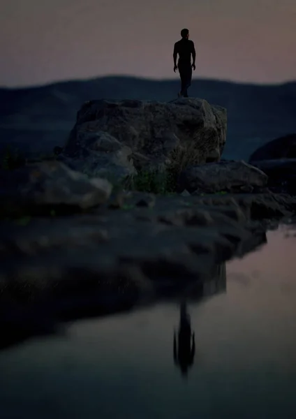 Hombre Camina Sobre Una Roca Junto Río Atardecer Renderizado —  Fotos de Stock