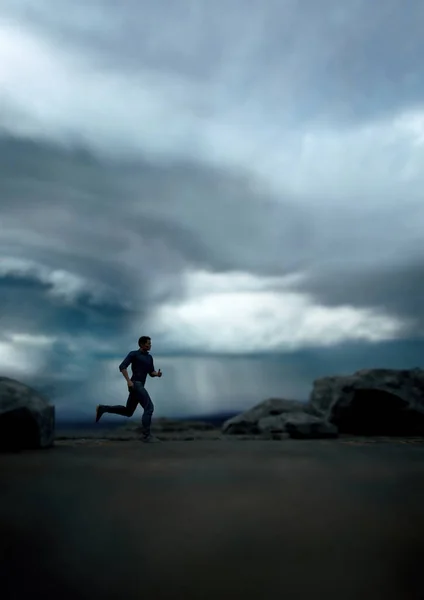 Hombre Corre Largo Río Rocoso Bajo Oscuro Cielo Nublado Renderizado — Foto de Stock