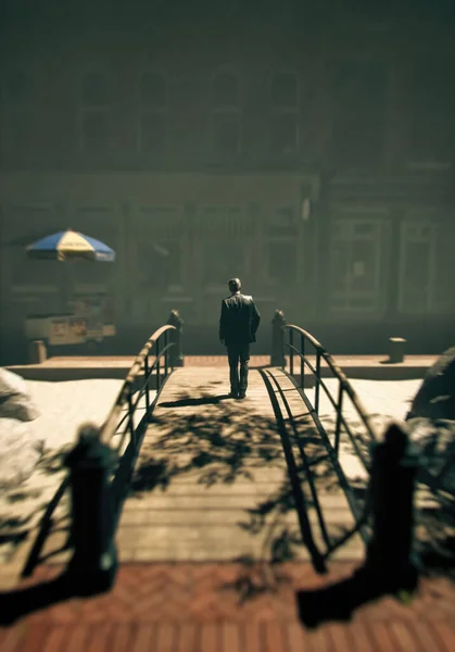 スーツ姿の孤独な男が橋を渡って街を歩いている 後ろの景色 3Dレンダリング — ストック写真