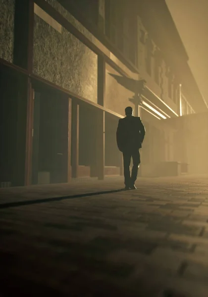 Stock image Man in suit walks on sidewalk along buildings in a misty city. Rear view. 3D render.