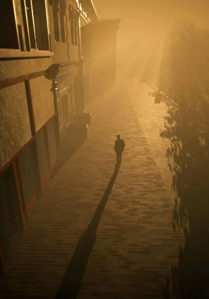 Человек Костюме Ходит Улице Туманном Городе Вид Высоким Углом Рендеринг — стоковое фото