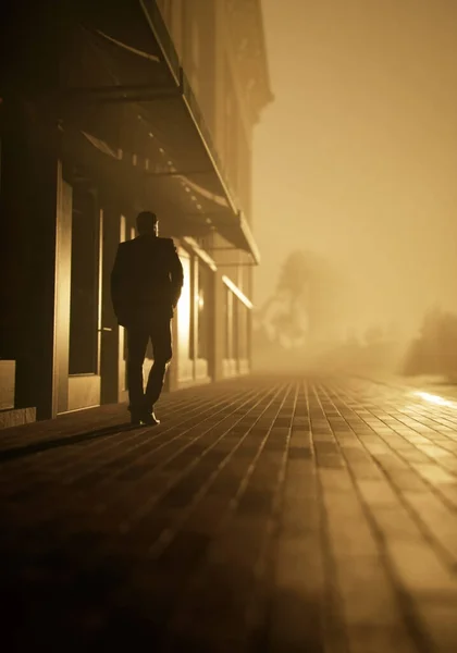 Чоловік Костюмі Ходить Тротуару Вздовж Будівель Туманному Місті Вид Спереду — стокове фото