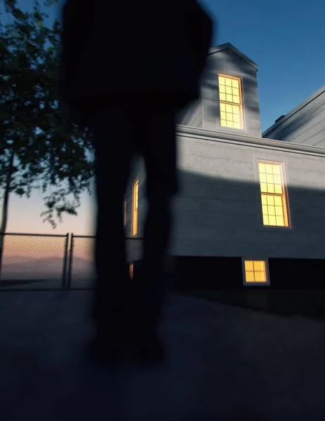 一个穿着西服的人在黄昏时走向一座灯火通明的房子 后视镜3D渲染 — 图库照片